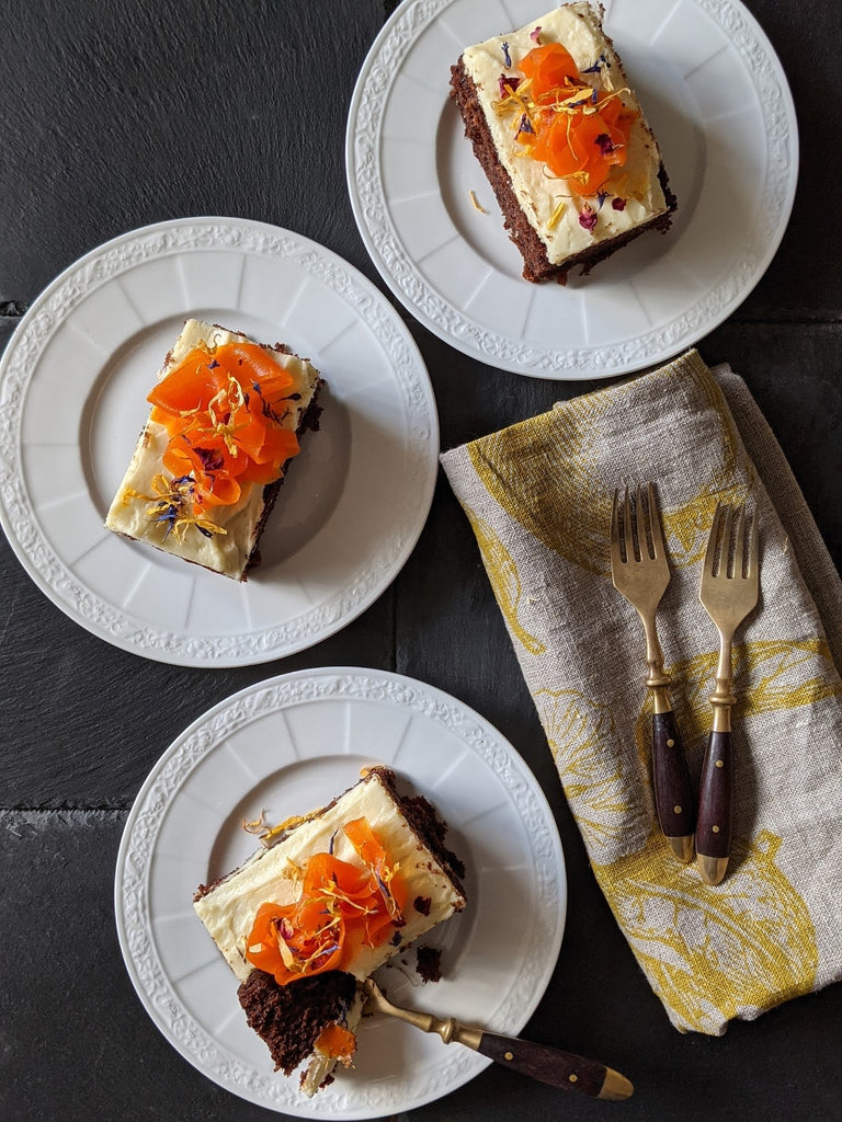 Chocolate Carrot Slice with Cream Cheese and White Chocolate Frosting and Candied Carrots