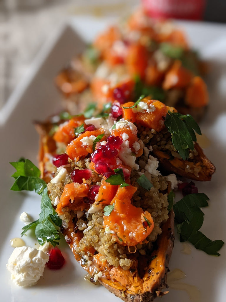 Roasted Sweet Potatoes with Quinoa, Pistachios and Feta Cheese