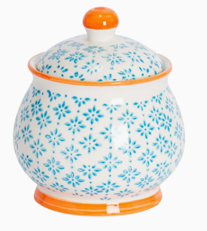 Hand Printed Sugar Bowl - Light Blue & Orange