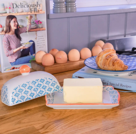 Hand Printed Butter Dish - Light Blue & Orange